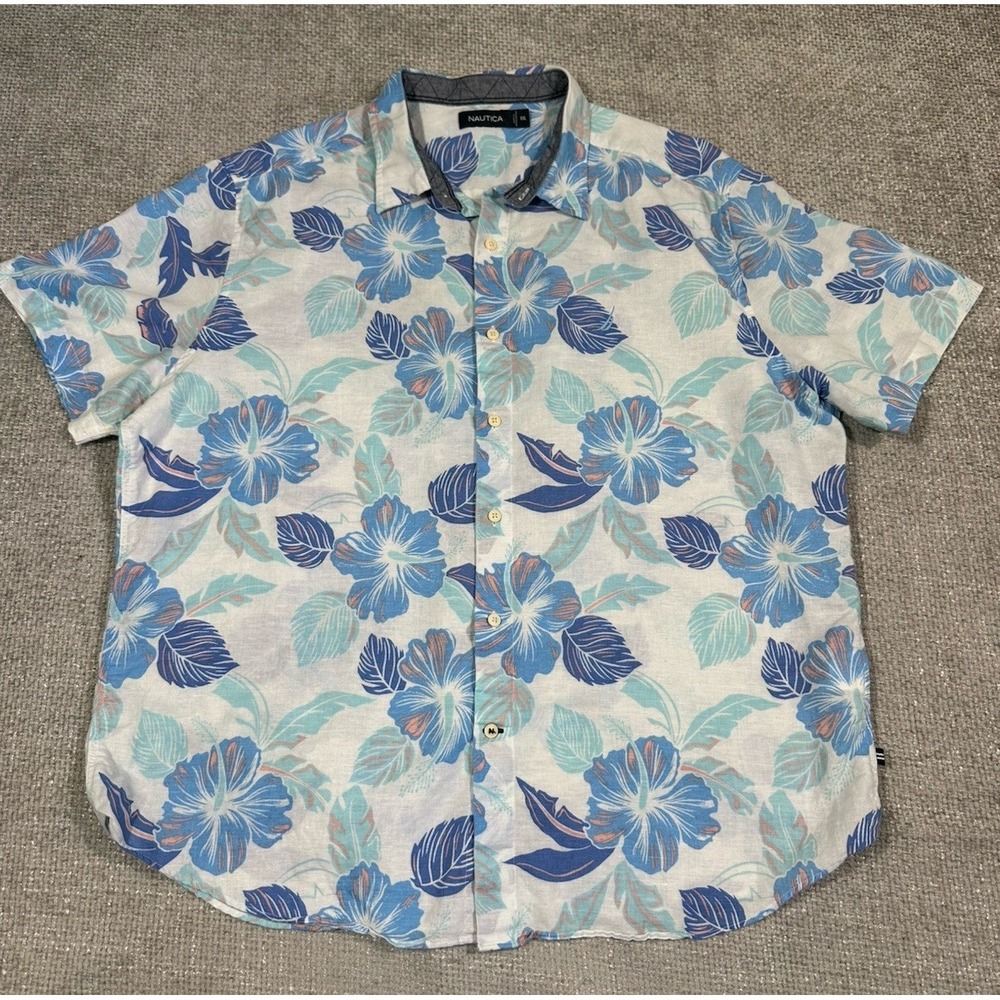Nautica Shirt Mens XXL Hawaiian Linen Blend Floral Button Up Vacation Summer - Picture 3 of 8